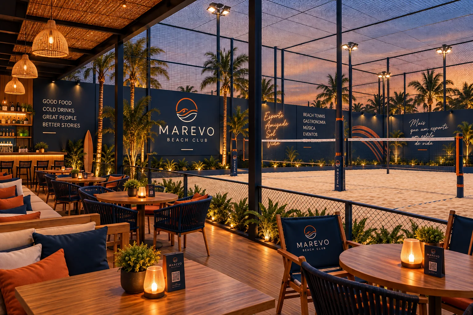 Projeto de arena de beach tennis com área gastronômica e quadras