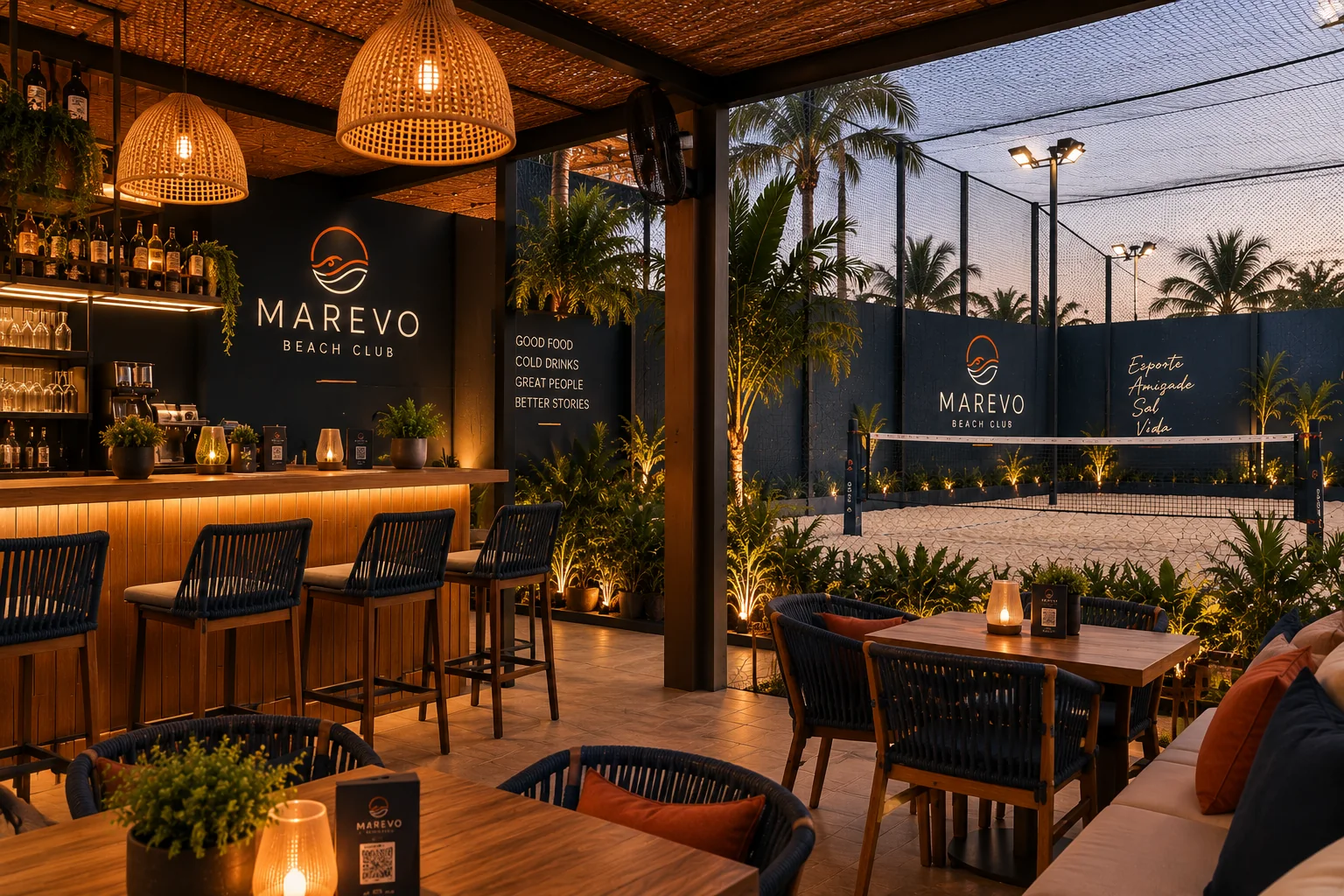 Projeto comercial para arena de beach tennis com áreas esportivas e de convivência