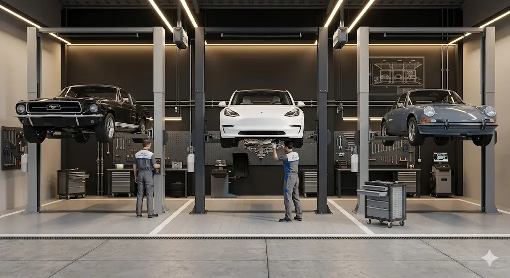 Interior de centro automotivo com boxes de manutenção, elevadores e iluminação técnica