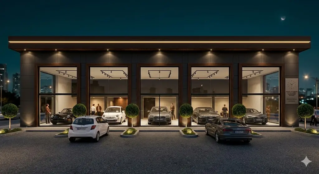 Fachada noturna de centro automotivo