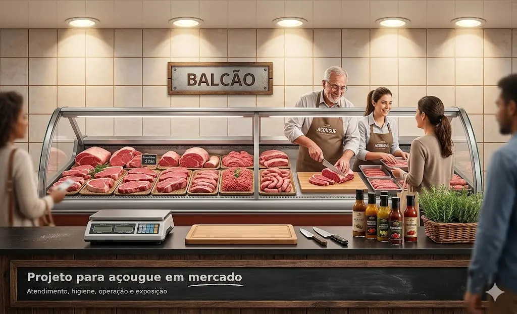Açougue em mercado com balcão refrigerado, fluxo funcional, área de preparo e comunicação visual integrada
