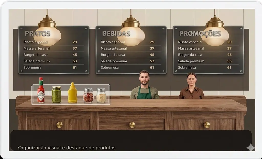 Cardápio na parede elegante para restaurante com balcão, iluminação e comunicação visual integrada