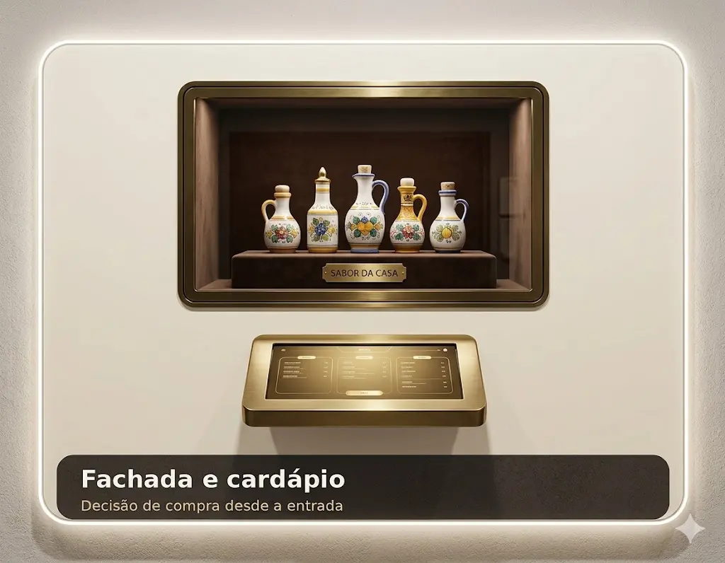 Fachada de restaurante com cardápio e marca