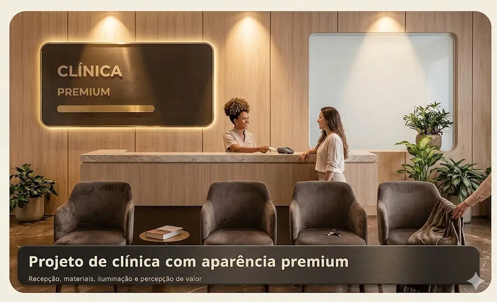 Clínica com aparência premium, recepção elegante, salas acolhedoras e identidade visual sofisticada