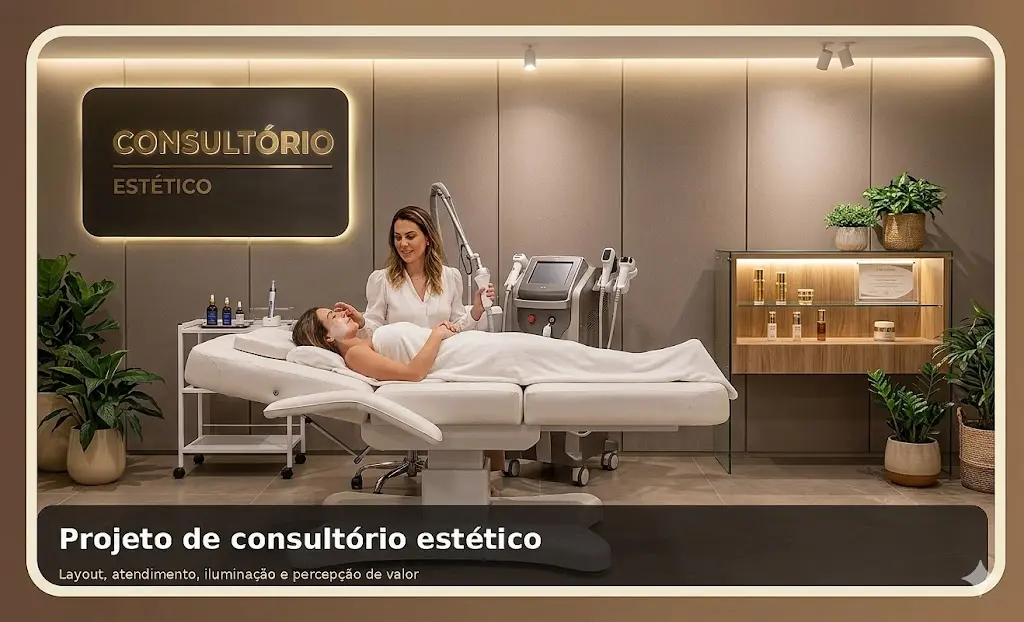 Consultório estético elegante com maca, bancada de apoio, iluminação técnica e identidade visual