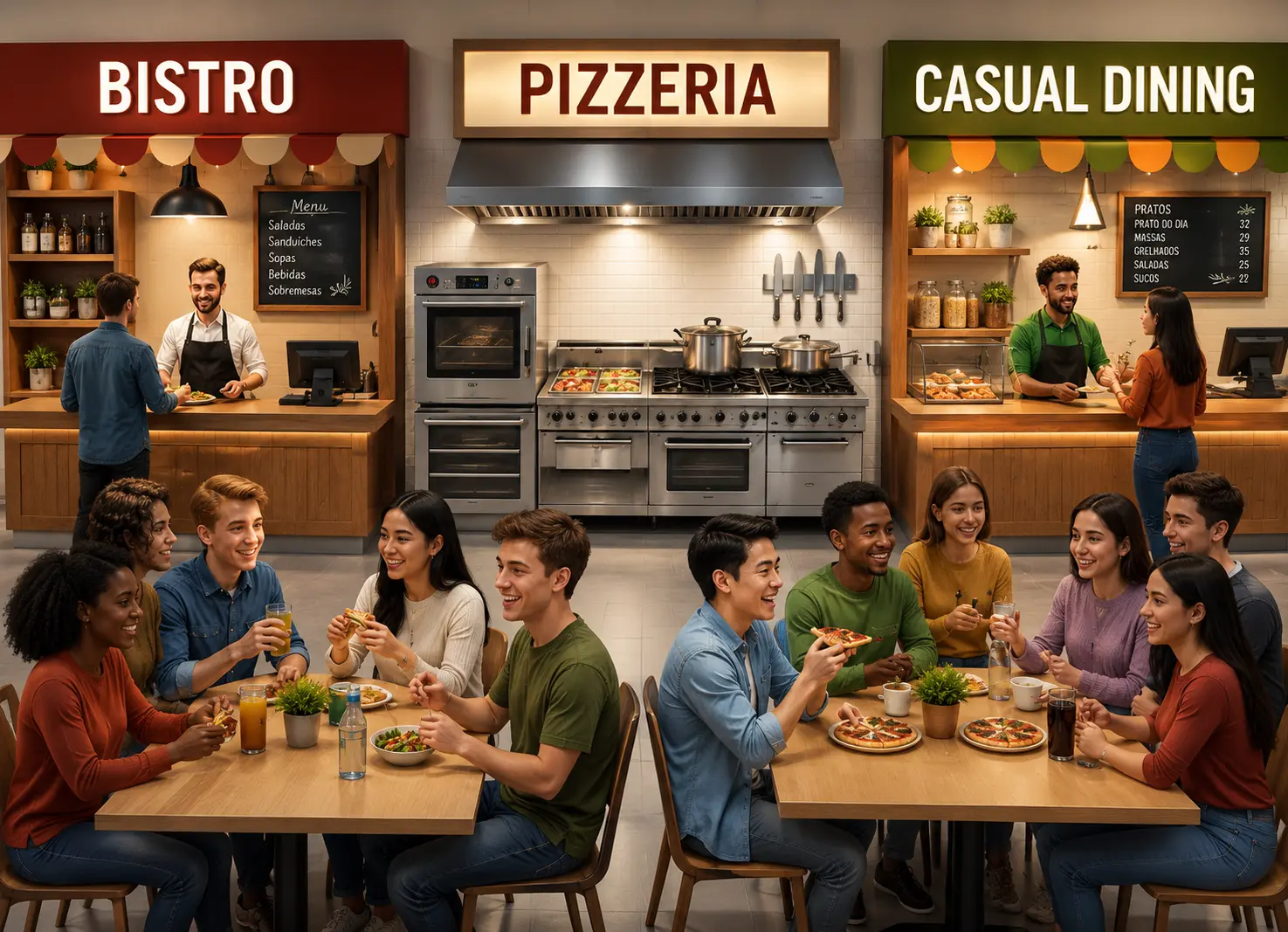 Projeto de cozinha comercial funcional com layout técnico, bancadas de inox e fluxo de trabalho planejado