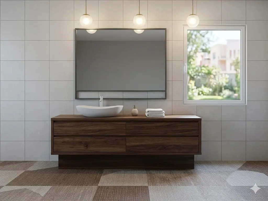 Banheiro residencial elegante com revestimento claro e iluminação