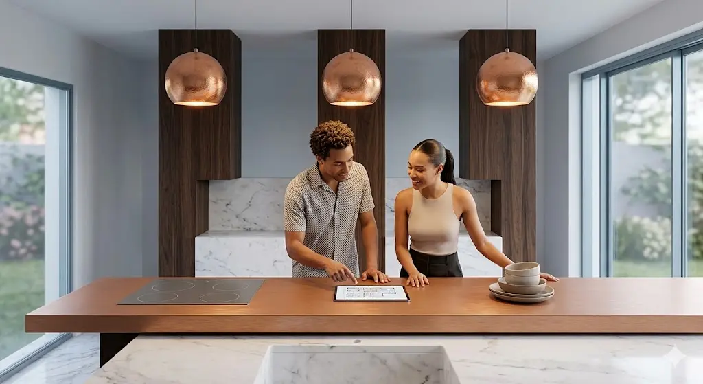 Cozinha residencial planejada com bancada e marcenaria