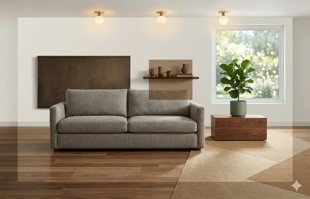 Sala residencial elegante com projeto de interiores planejado por etapas