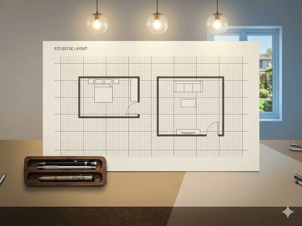 Mesa de estudo com planta baixa para projeto residencial