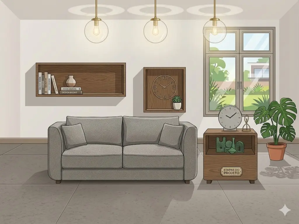 Sala de estar residencial integrada com iluminação elegante