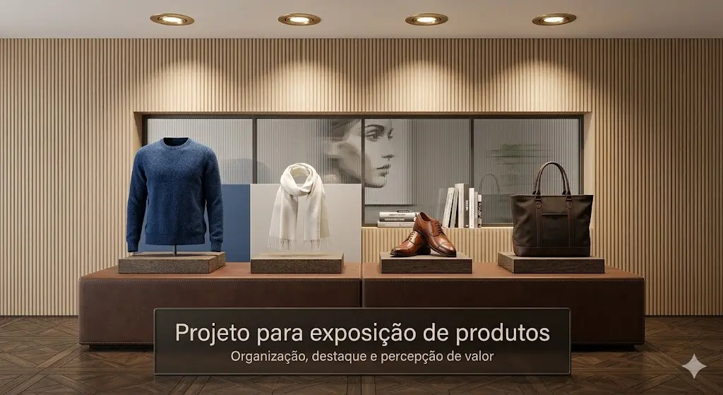 Exposição de produtos com prateleiras, ilhas, iluminação estratégica e identidade visual sofisticada