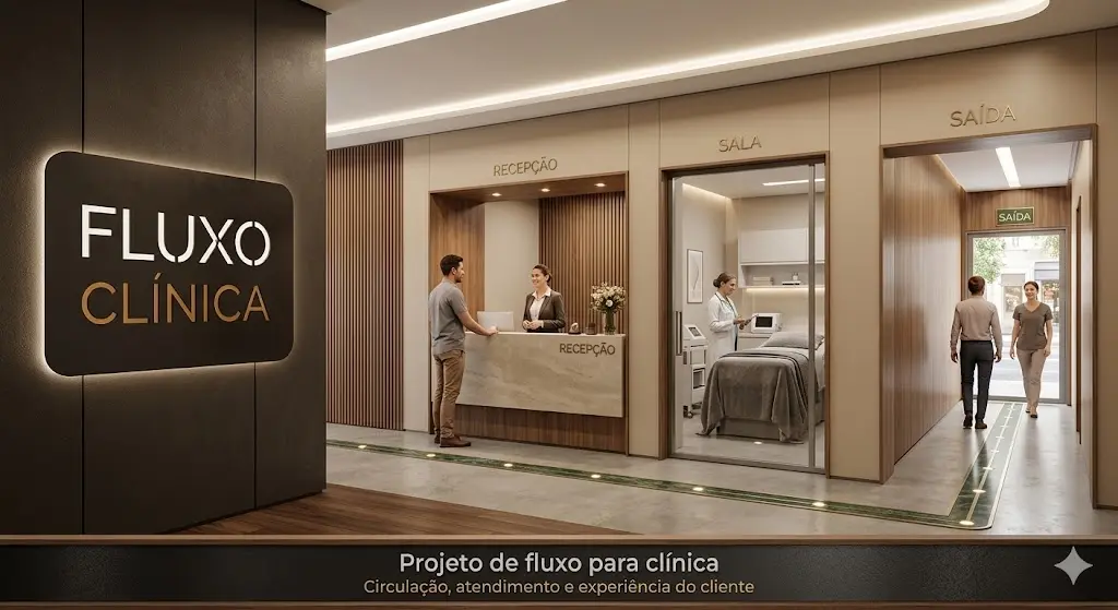 Fluxo em clínica com recepção organizada, circulação clara, salas bem posicionadas e experiência profissional