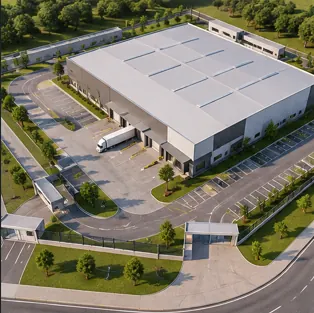 Implantação de galpão comercial com acessos e circulação