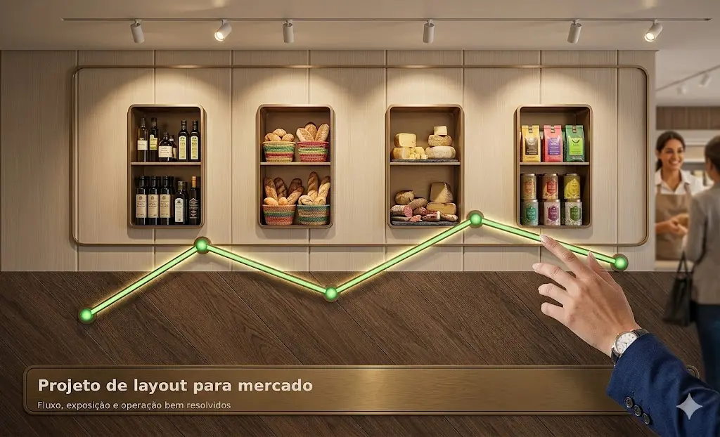 Layout para mercado com corredores funcionais, setores bem distribuídos e exposição comercial planejada