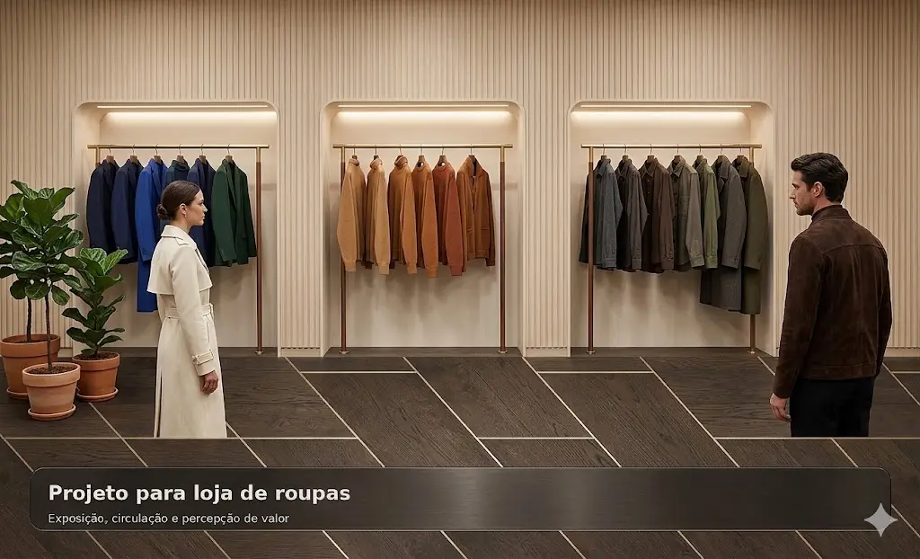 Loja de roupas elegante com vitrine, exposição de produtos, provadores e identidade visual sofisticada