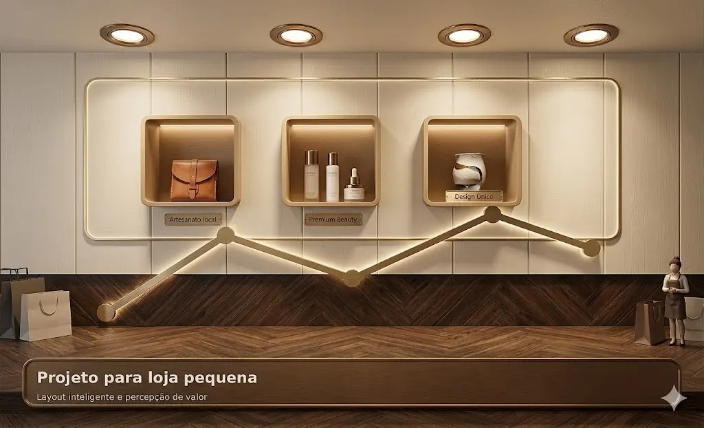Loja pequena bem planejada com layout funcional, vitrine compacta e exposição de produtos valorizada