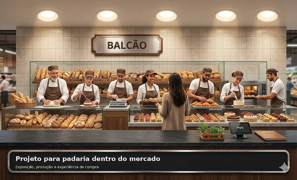 Padaria dentro do mercado com balcão funcional, exposição atrativa, produção organizada e iluminação acolhedora