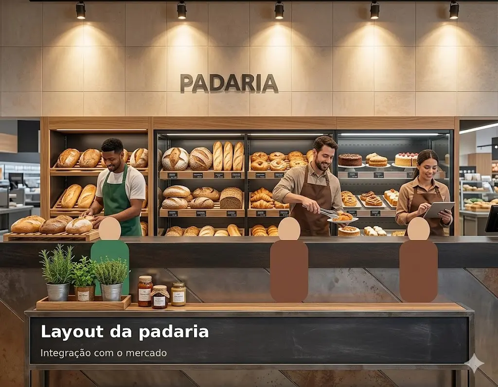 Layout da padaria dentro do mercado