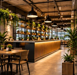 Ambiente comercial planejado com iluminação, mobiliário e acabamentos