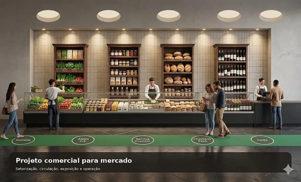 Projeto para mercado com layout funcional, setores bem distribuídos, gôndolas planejadas e experiência de compra