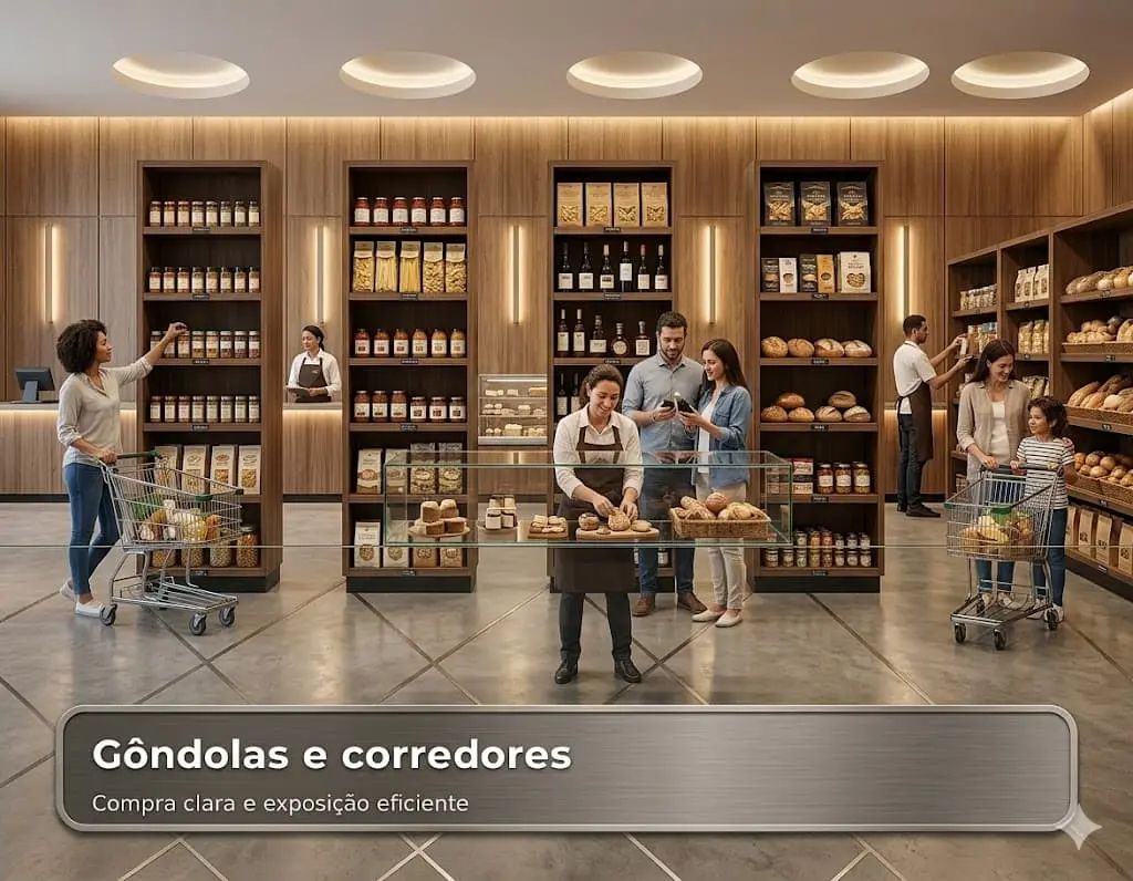 Gôndolas e corredores de mercado