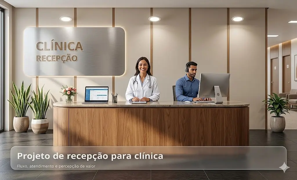 Projeto para recepção de clínica com recepção elegante, salas funcionais e identidade visual sofisticada