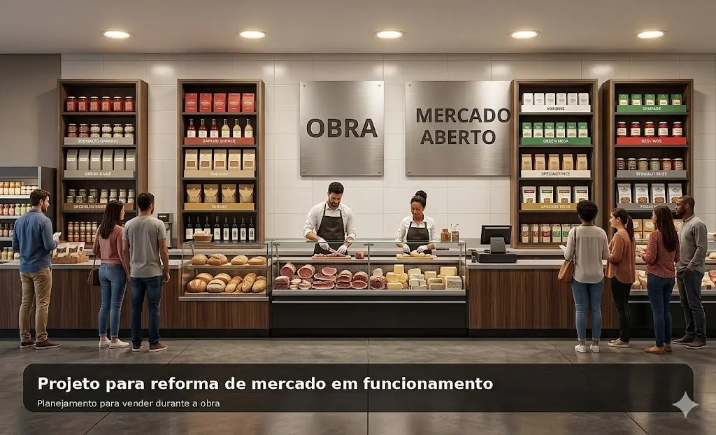Reforma de mercado funcionando com obra por etapas, isolamento, fluxo seguro e operação comercial ativa