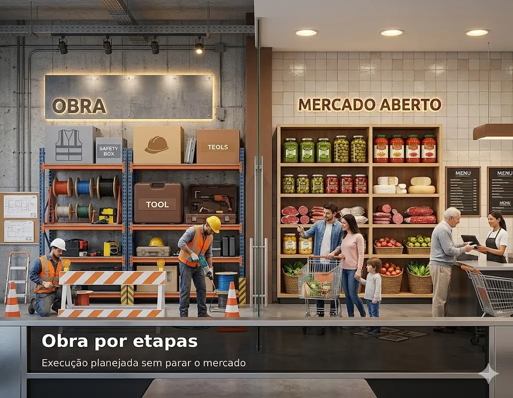 Obra por etapas em mercado funcionando