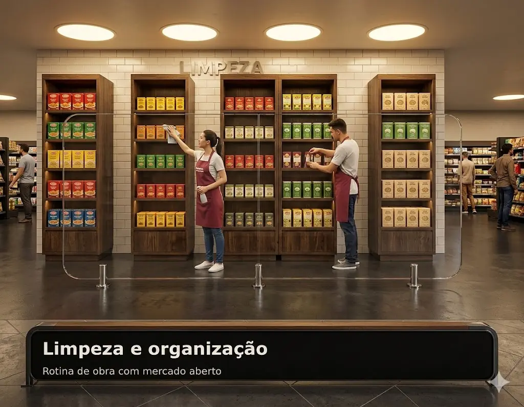 Limpeza e organização em obra de mercado