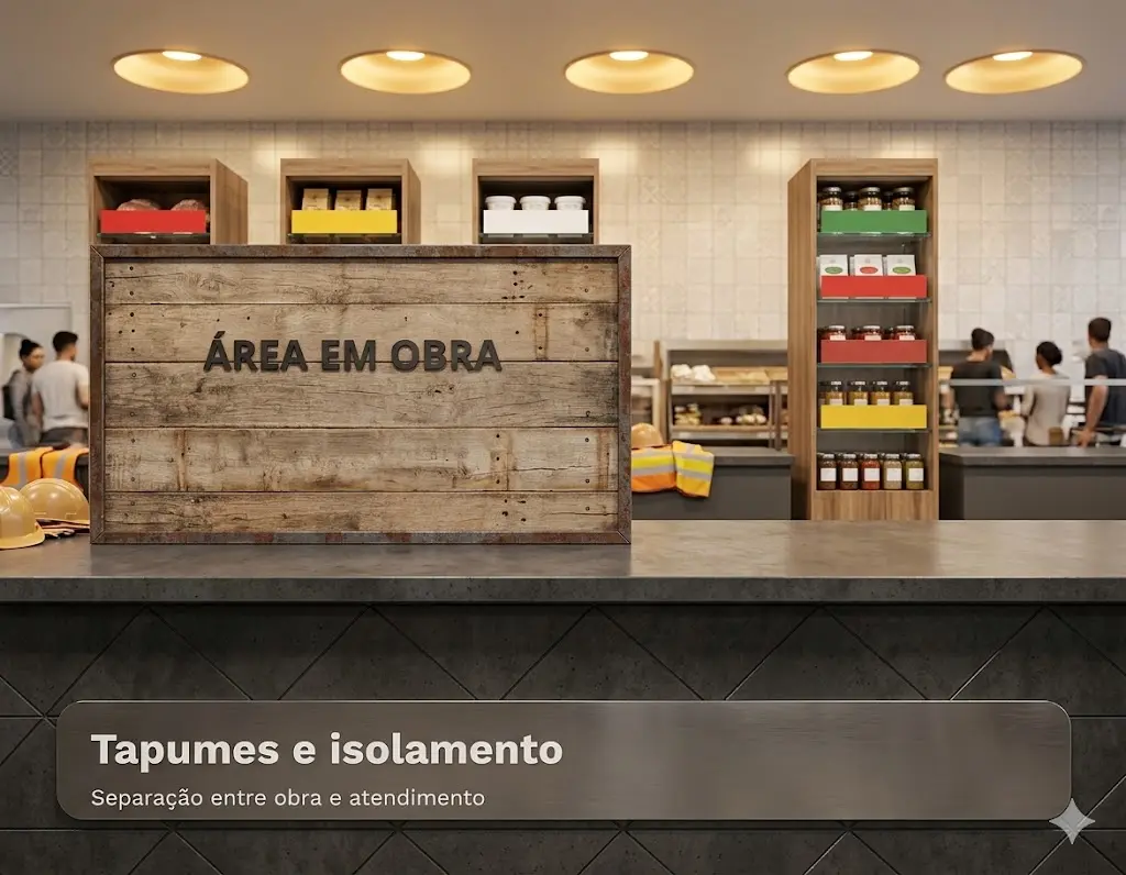Tapumes e isolamento em mercado funcionando