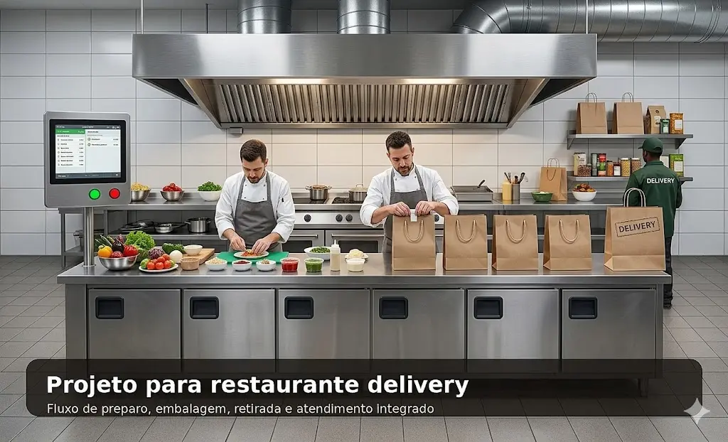 Projeto para restaurante delivery com cozinha funcional, área de embalagem e expedição organizada