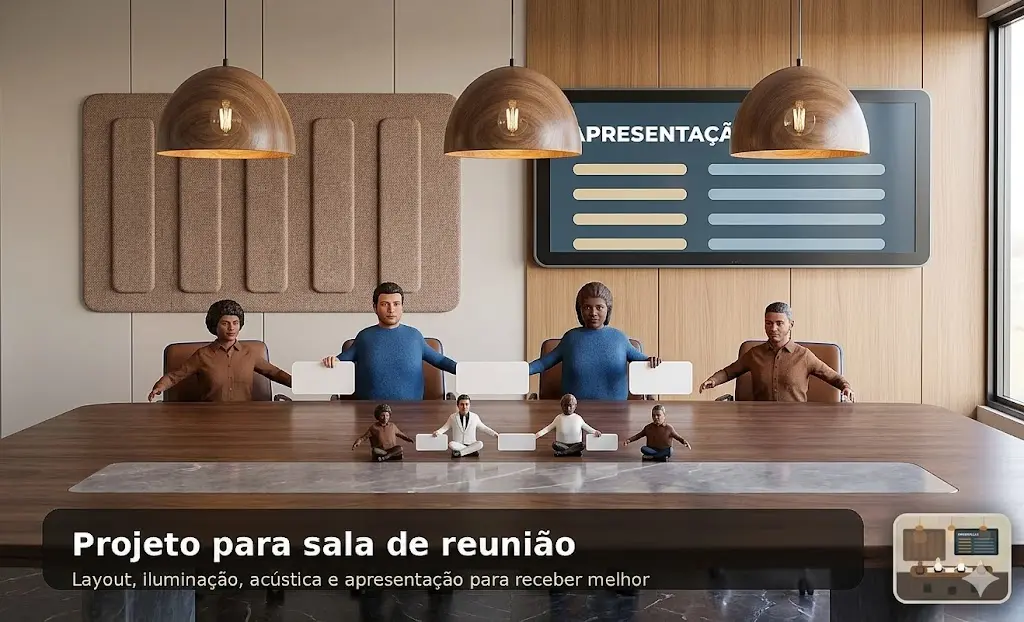 Sala de reunião elegante com mesa proporcional, tela de apresentação e iluminação confortável