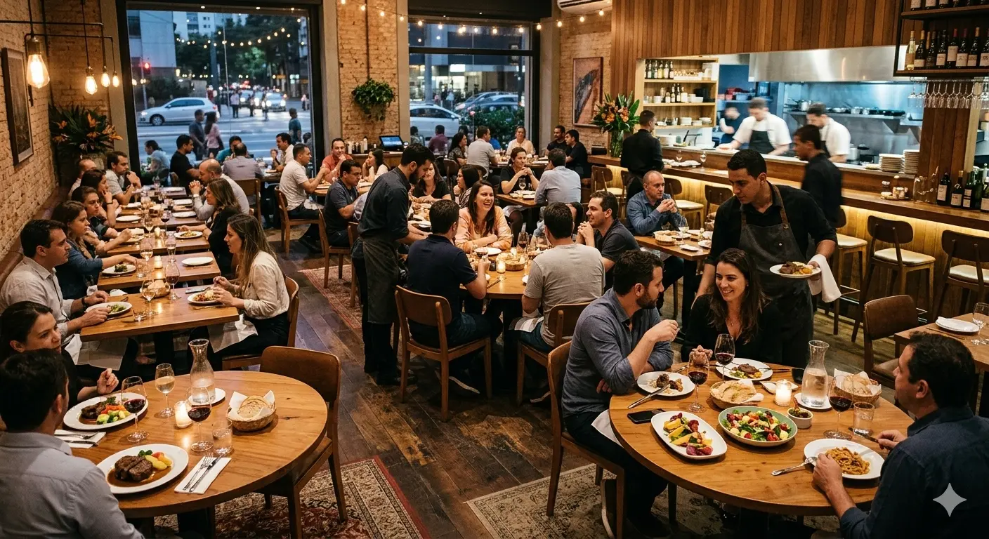 Projeto de salão de restaurante elegante com layout funcional, mesas bem distribuídas e iluminação acolhedora