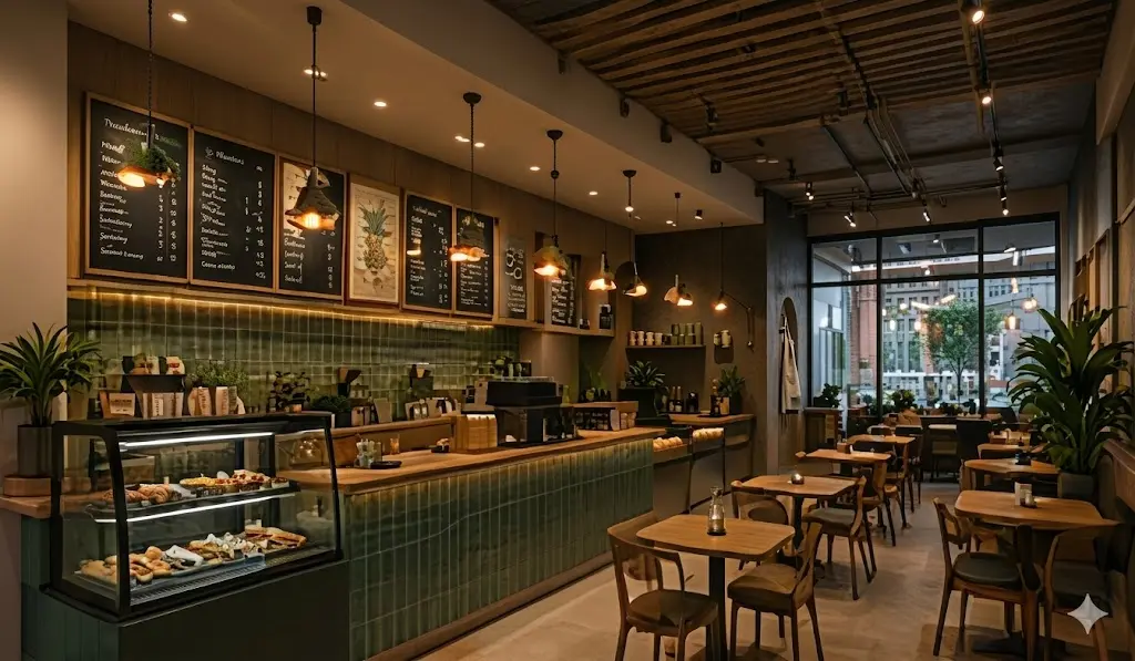 Design de vitrine e exposição de produtos para cafeteria