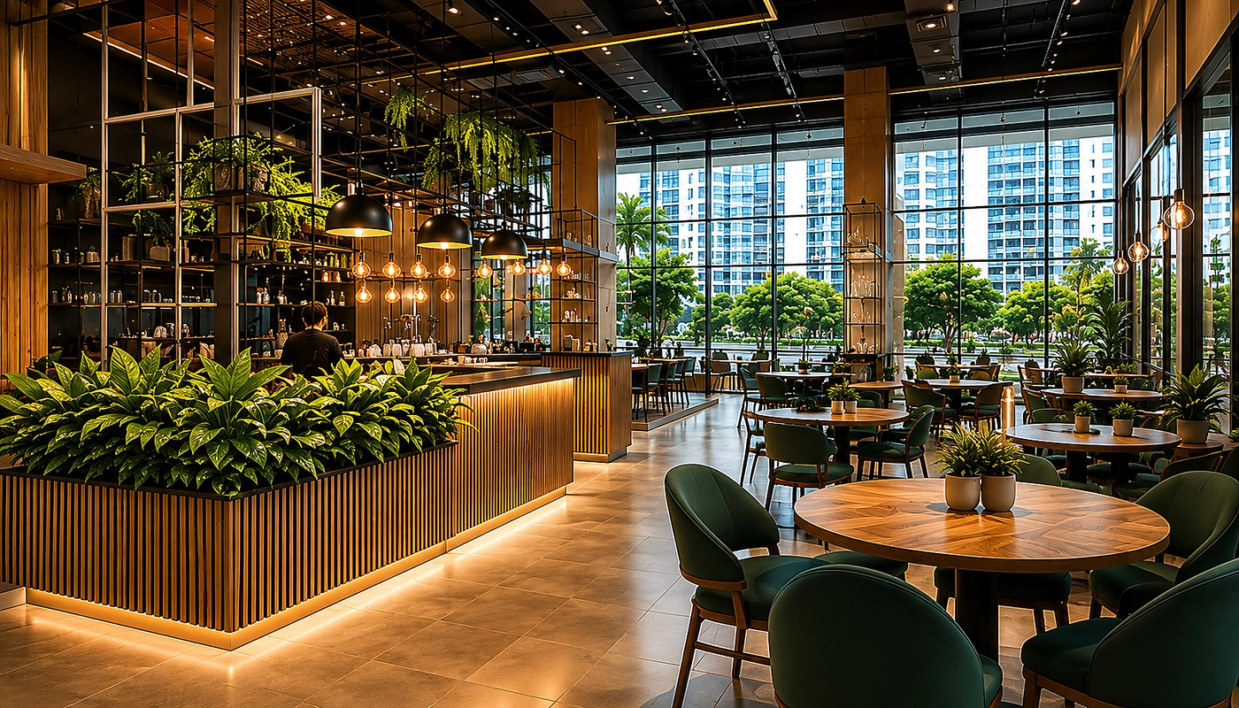Design para cafeteria com balcão funcional, iluminação aconchegante e experiência de marca