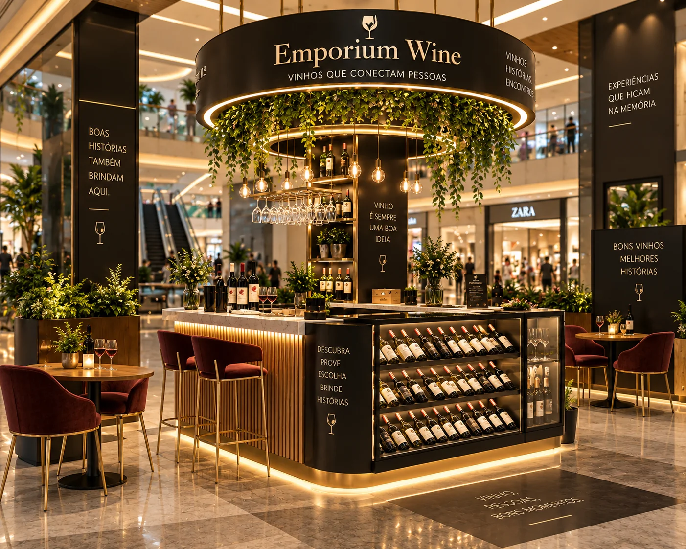 Projeto comercial de quiosque de vinhos Emporium Wine em shopping