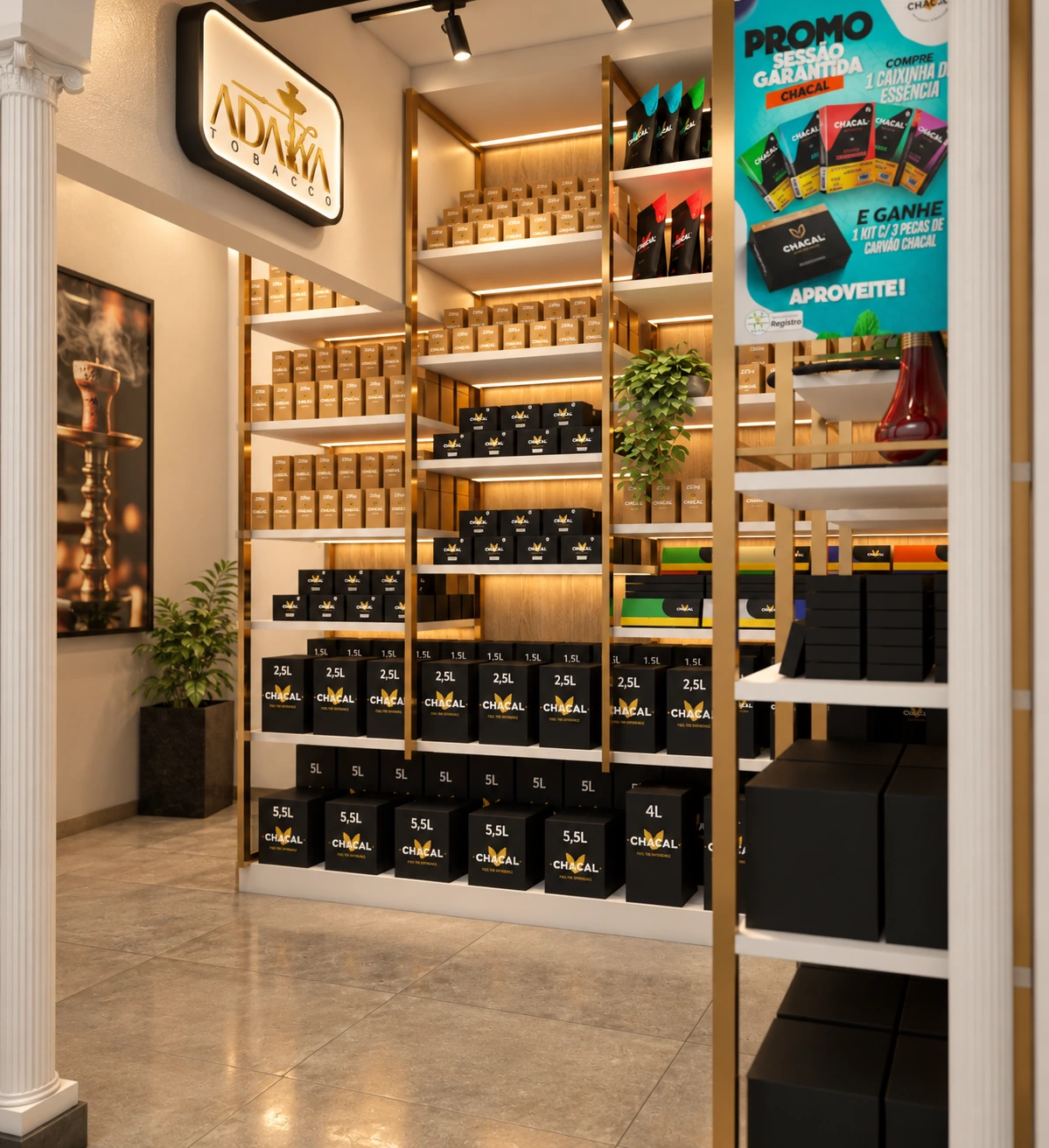 Exposição organizada dos produtos Chacal e Adalya