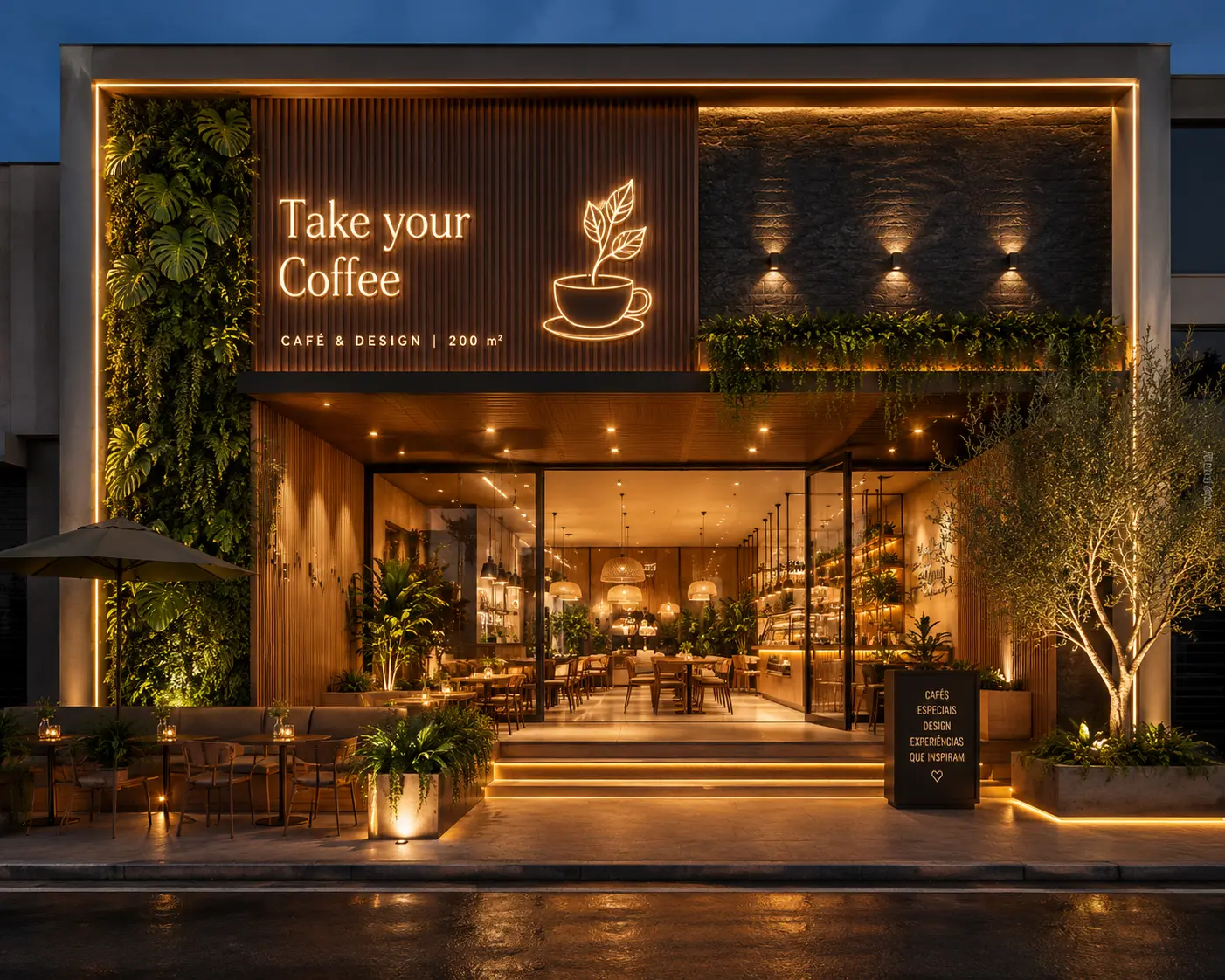 Fachada premium da cafeteria Café & Design de 200 m²