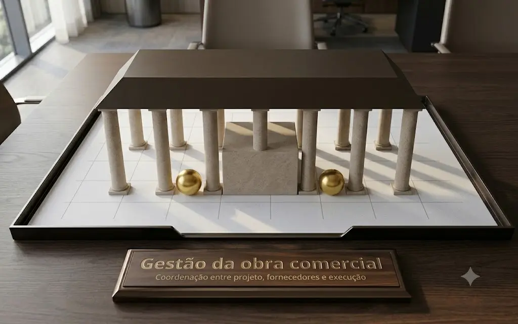 Gerenciamento de obras comerciais com equipe, cronograma e acompanhamento de execução