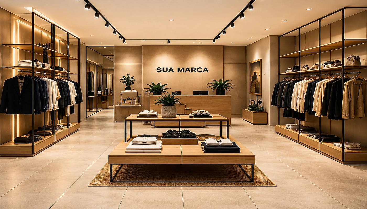 Identidade visual aplicada ao ambiente comercial com marca, cores, materiais e iluminação