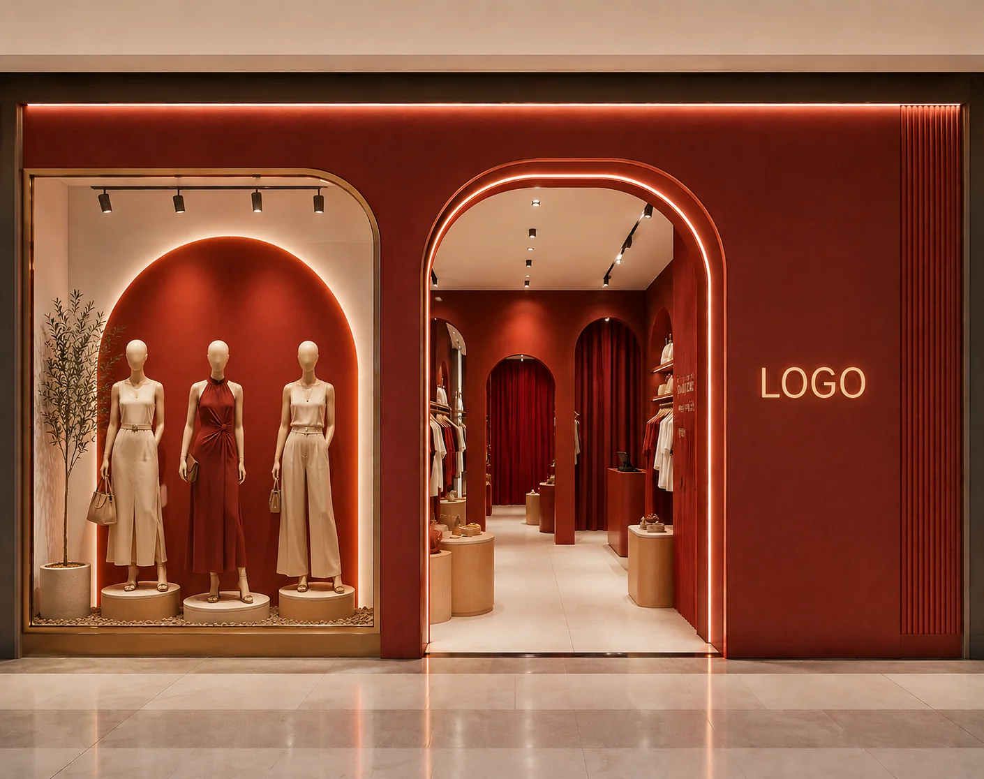 Projeto comercial de loja de roupa feminina com vitrine e identidade visual