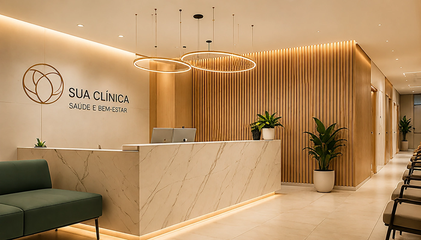 Projeto para clínica odontológica com recepção funcional, consultórios e identidade visual moderna