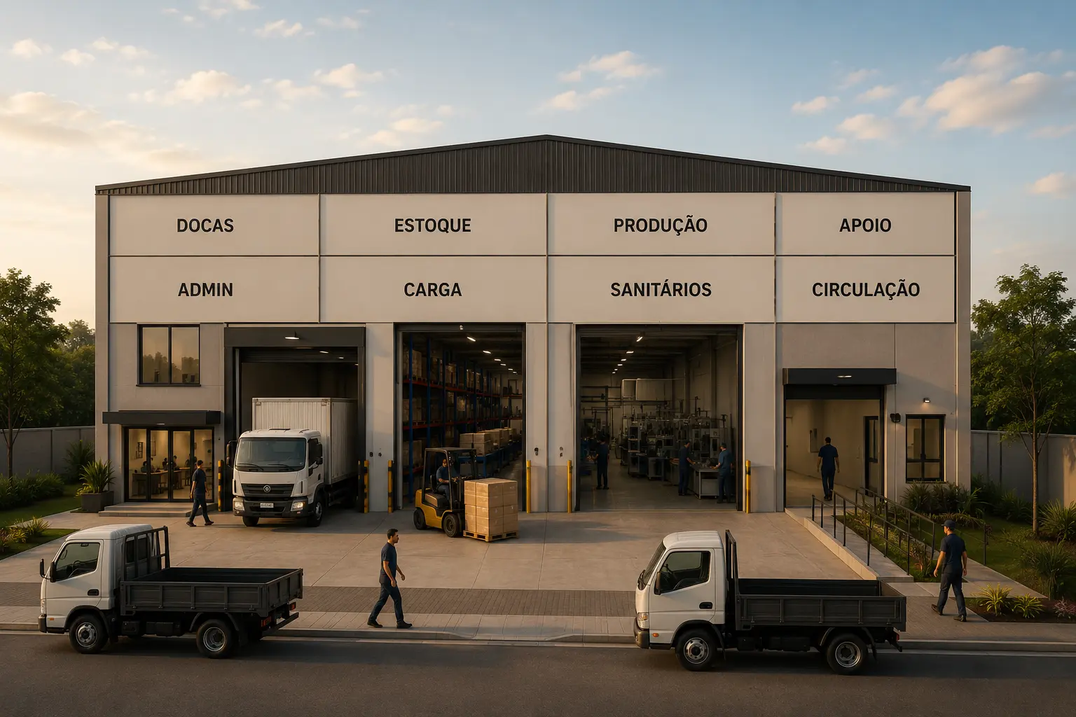 Fluxo interno e externo de galpão comercial
