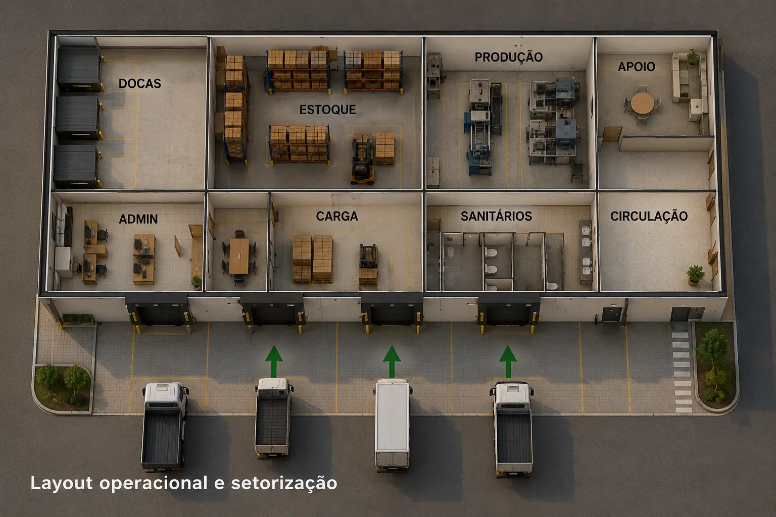 Layout operacional para galpão comercial com setorização de estoque, docas e apoio