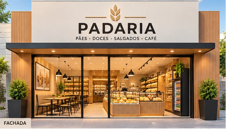 Fachada contemporânea de padaria de 50 m²