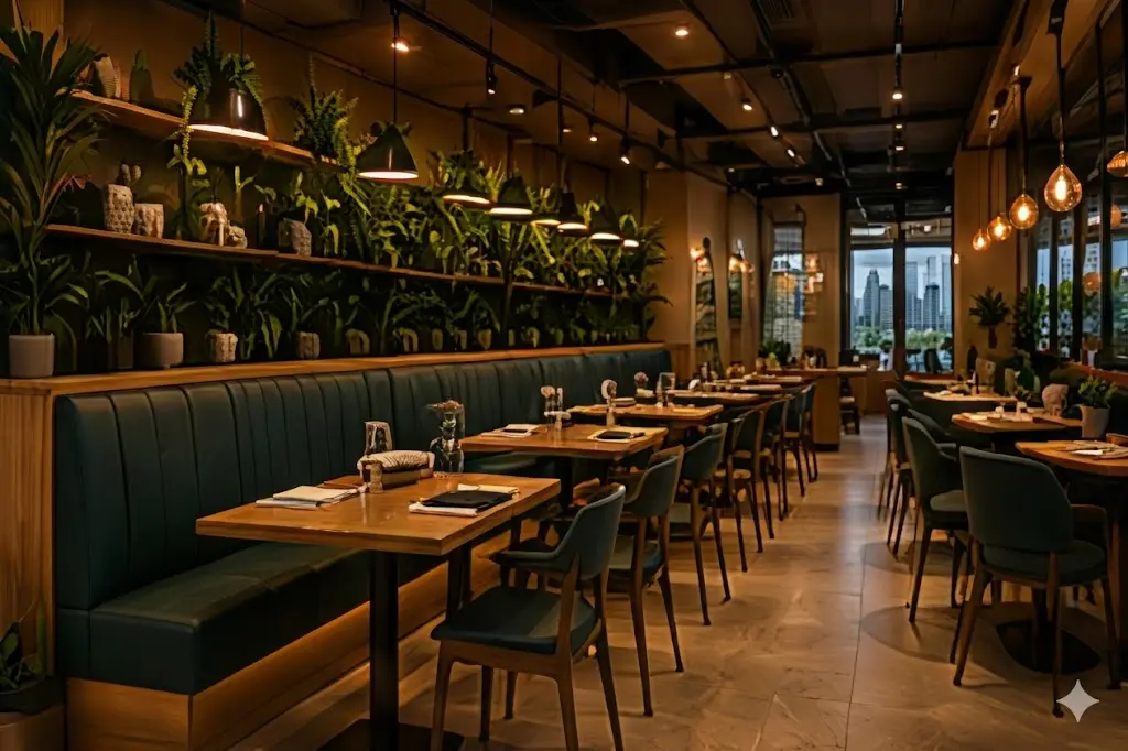 Projeto para restaurante moderno com iluminação aconchegante