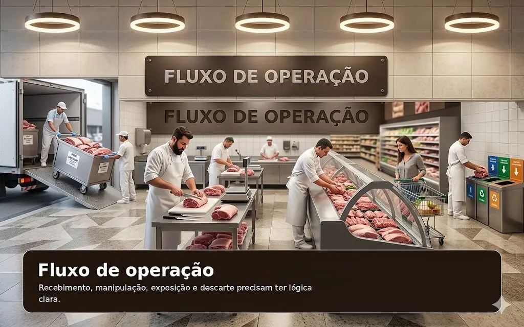Fluxo operacional de açougue com recebimento, manipulação e atendimento organizados
