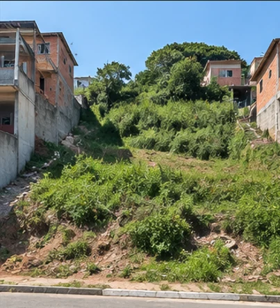 Terreno antes da construção, com vegetação e forte desnível