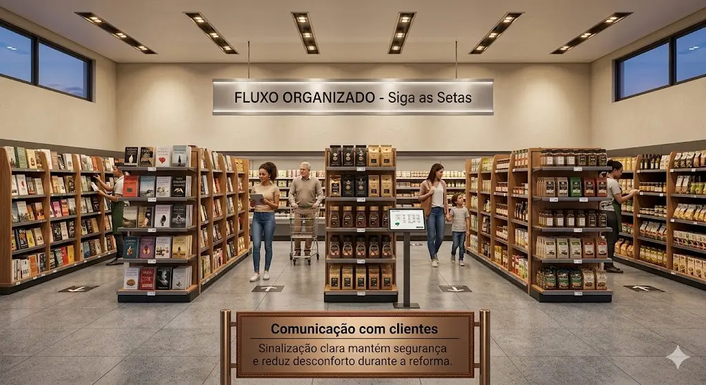 Comunicação visual para clientes durante modernização de supermercado